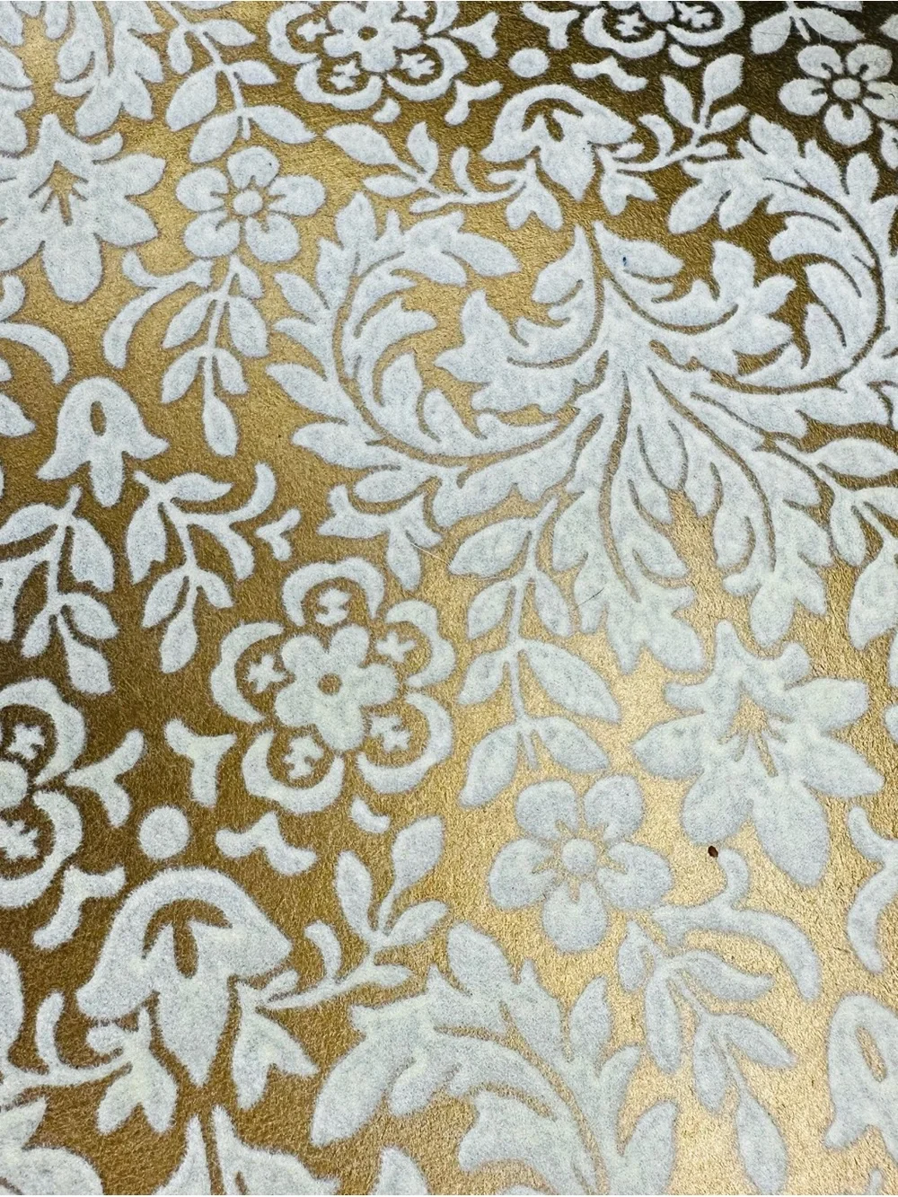 Vintage 1970s Flocked Damask Wallpaper Roll White Velvet Gold Floral 20.5”